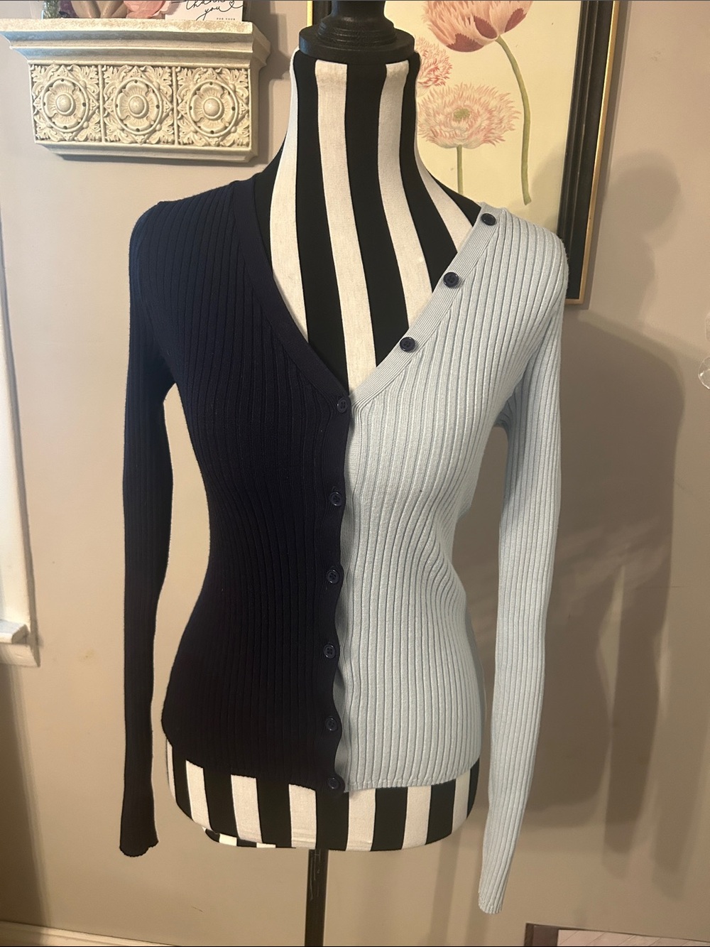 Ronny Kobo Collection Two-Tone Ribbed Button Cardigan in Navy & Light Blue